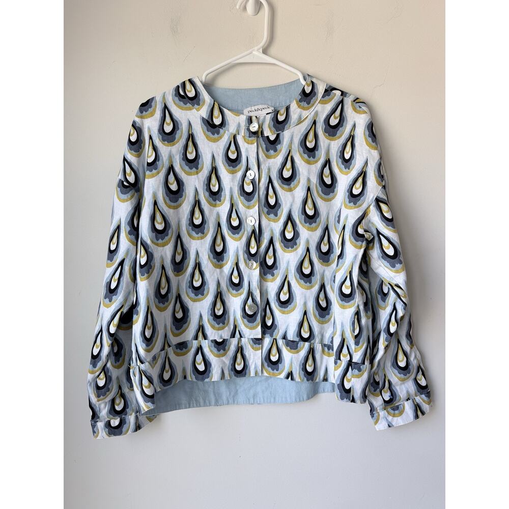 Peck&Peck Anthropologie Womens Sz S Linen Button Shirt Jacket Oysters Print